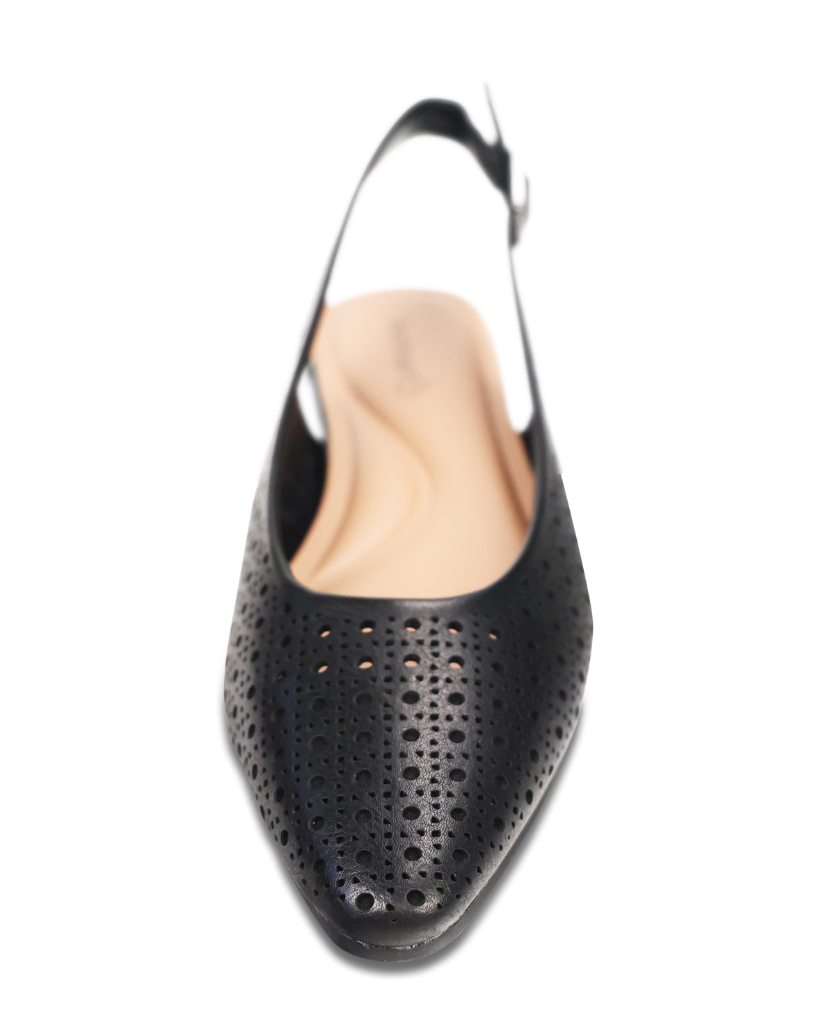 Black perforated slingback shoe on a white background