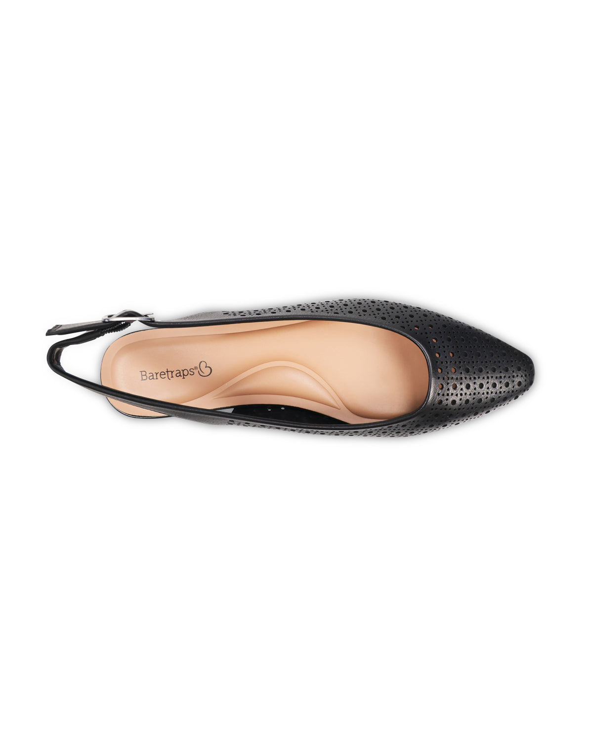 Black pointed-toe shoe with a brand logo on a white background