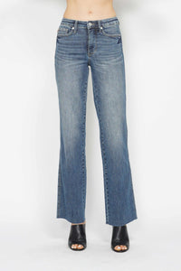 Risen High Rise Frayed Ankle Wide Jeans