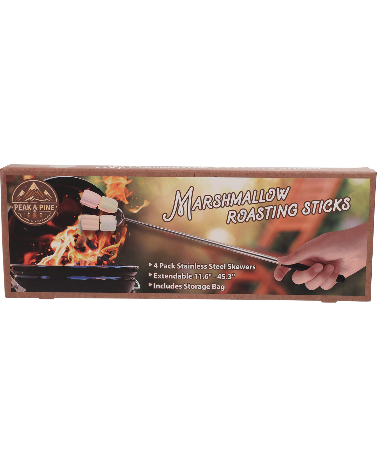 Peak & Pine Marshmallow Roasting Sticks retail box, featuring a brown design with an illustration of marshmallows roasting over a flame and a hand holding the metal stick.