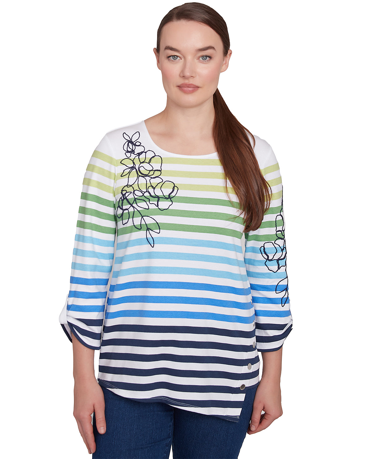 Ruby Road Petite Resort Ready 3/4 Stripe Print Top