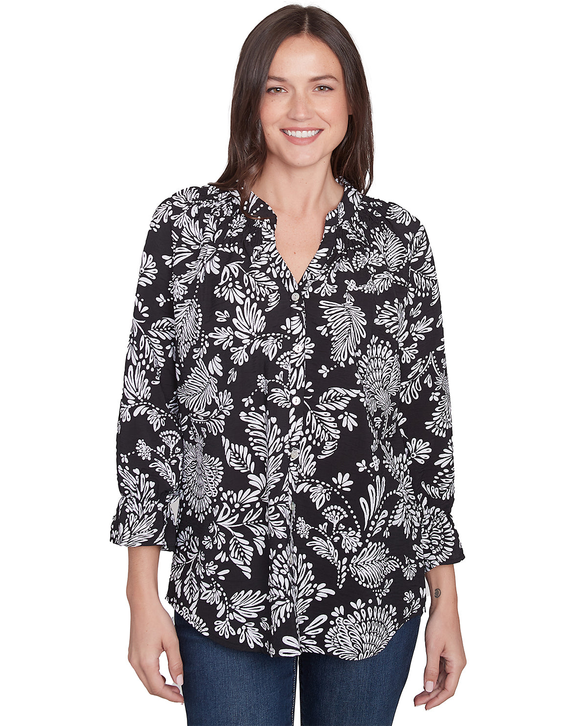Ruby Road Missy Monochrome Moment Floral Woven Top