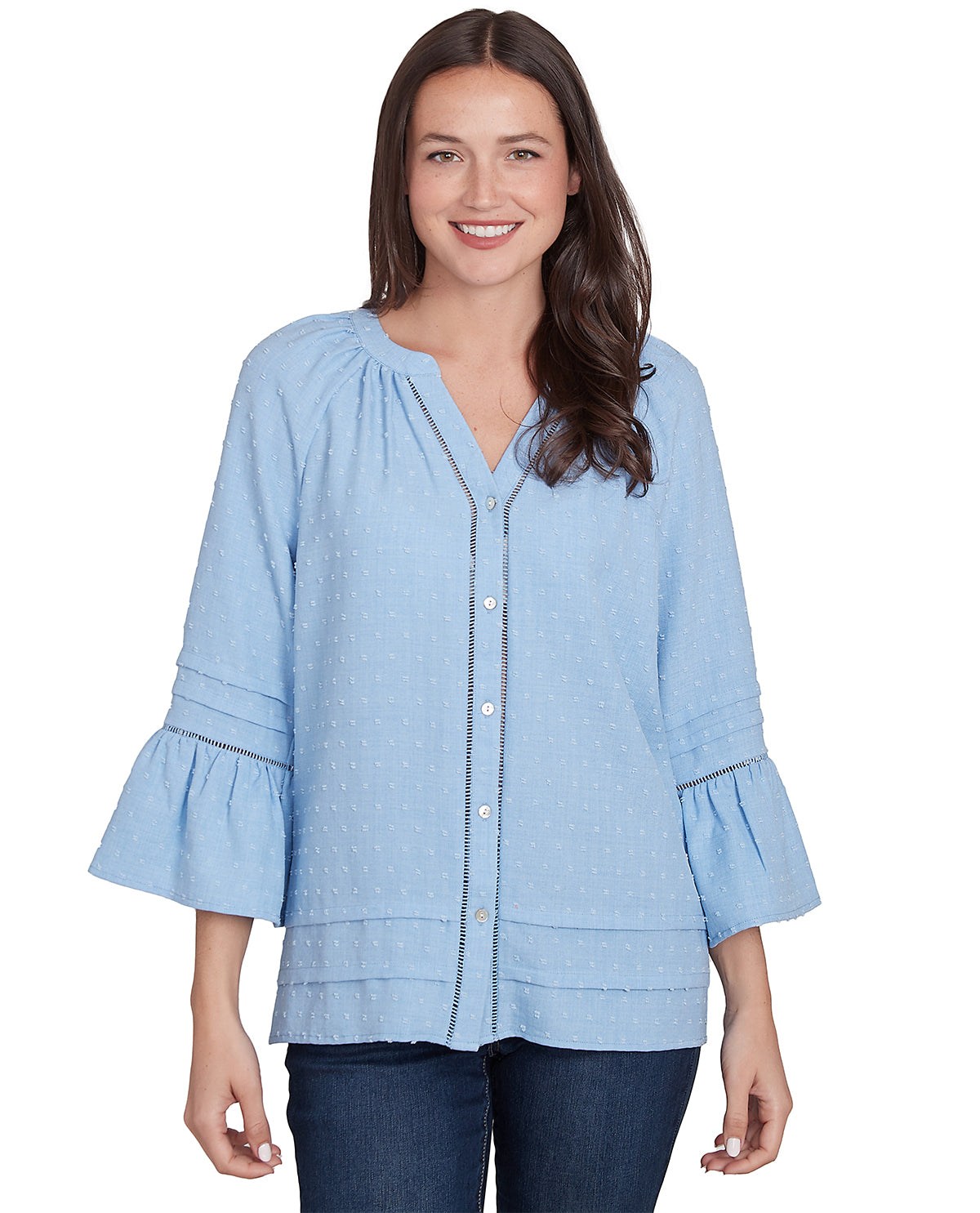 TRANSFER OUT 6/2/26 Ruby Road Bella Vista 3/4 Sleeve Clip Dot Woven Top