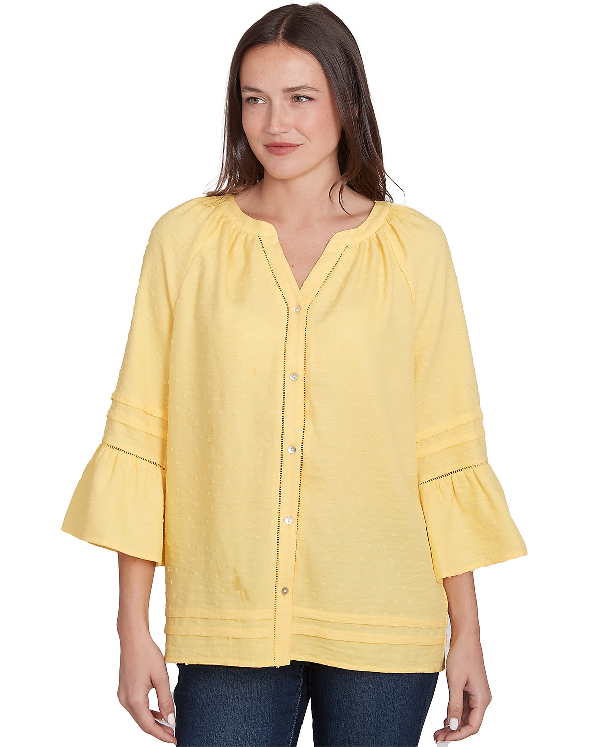 TRANSFER OUT 6/2/26 Ruby Road Bella Vista 3/4 Sleeve Clip Dot Woven Top