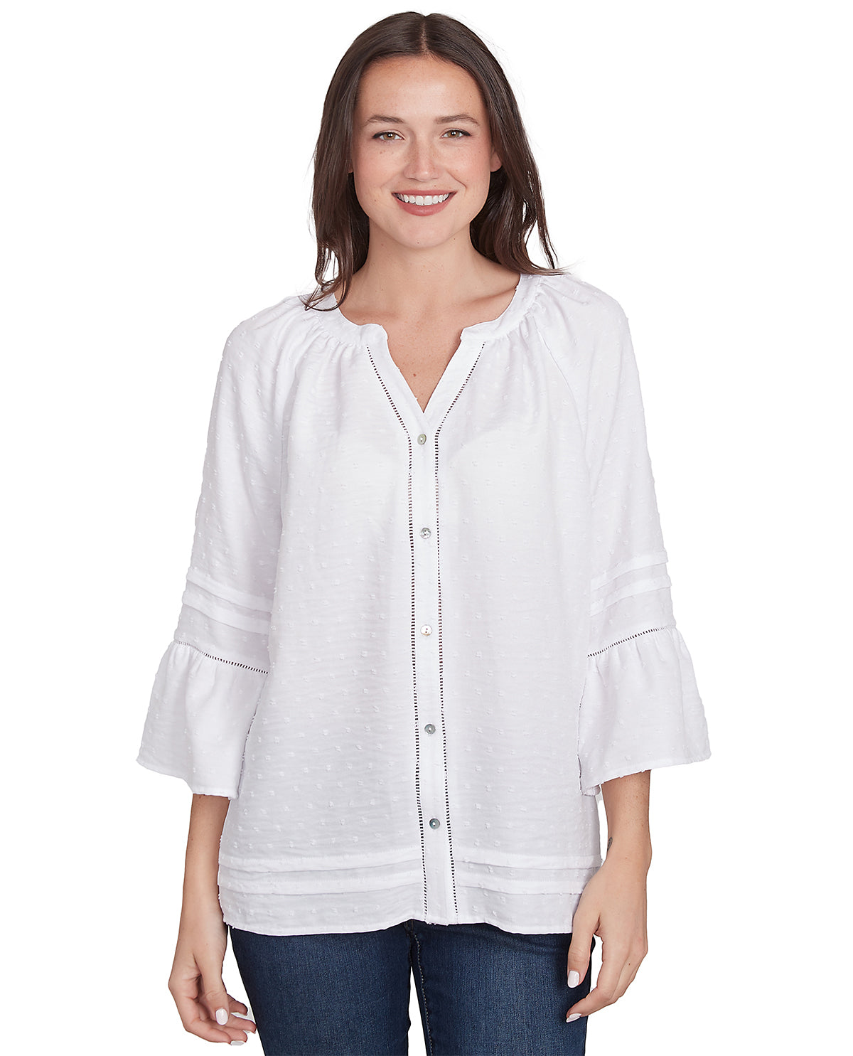 TRANSFER OUT 6/2/26 Ruby Road Bella Vista 3/4 Sleeve Clip Dot Woven Top