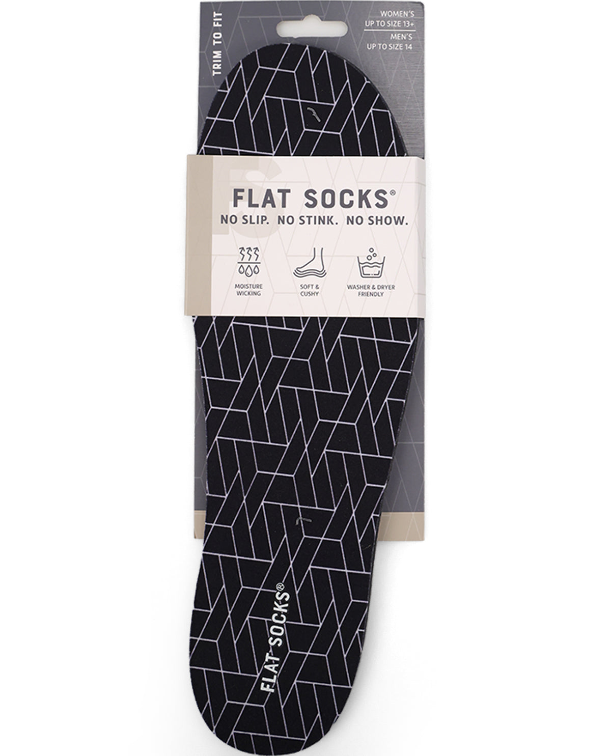 A single flat sock in black with a white geometric line pattern, shown inside its retail packaging. The packaging features a white paper band with text reading 'FLAT SOCKS' and 'NO SLIP.