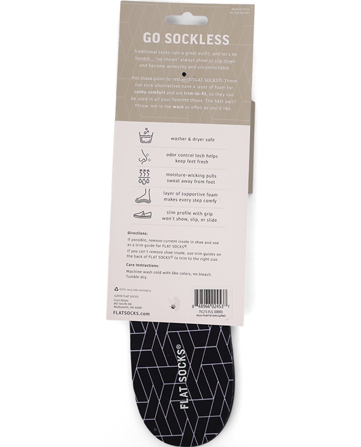 A packaged flat sockless foot pad shown hanging from a cardboard retail header. The product is black with a subtle dark gray geometric pattern, and the backing card reads 'GO SOCKLESS' with product features and care instructions.