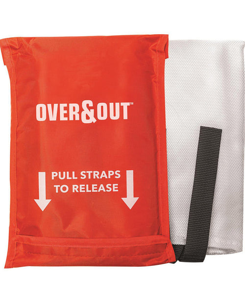 A red Over & Out fire blanket with black straps and release instructions, alongside a white cover.