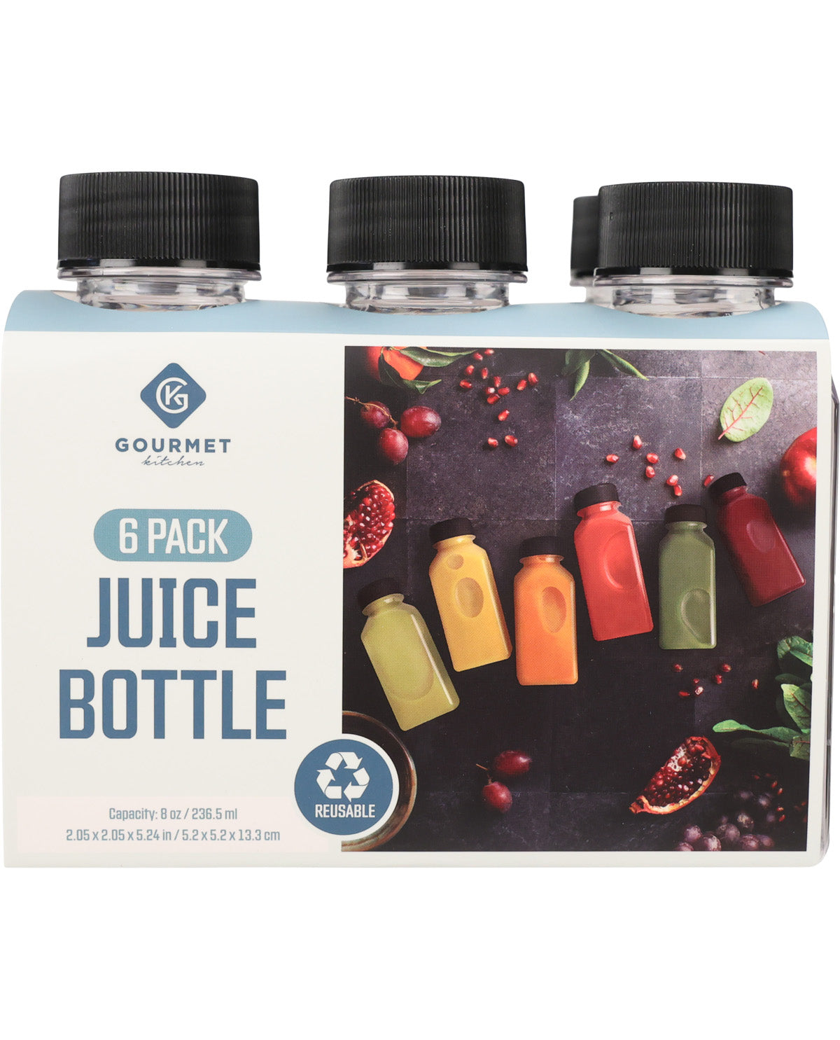 A 6-pack of Gourmet by Foodfusion juice bottles in a cardboard display box. The packaging features a white and light blue design with a photo of various colorful juices in small bottles on the right side.