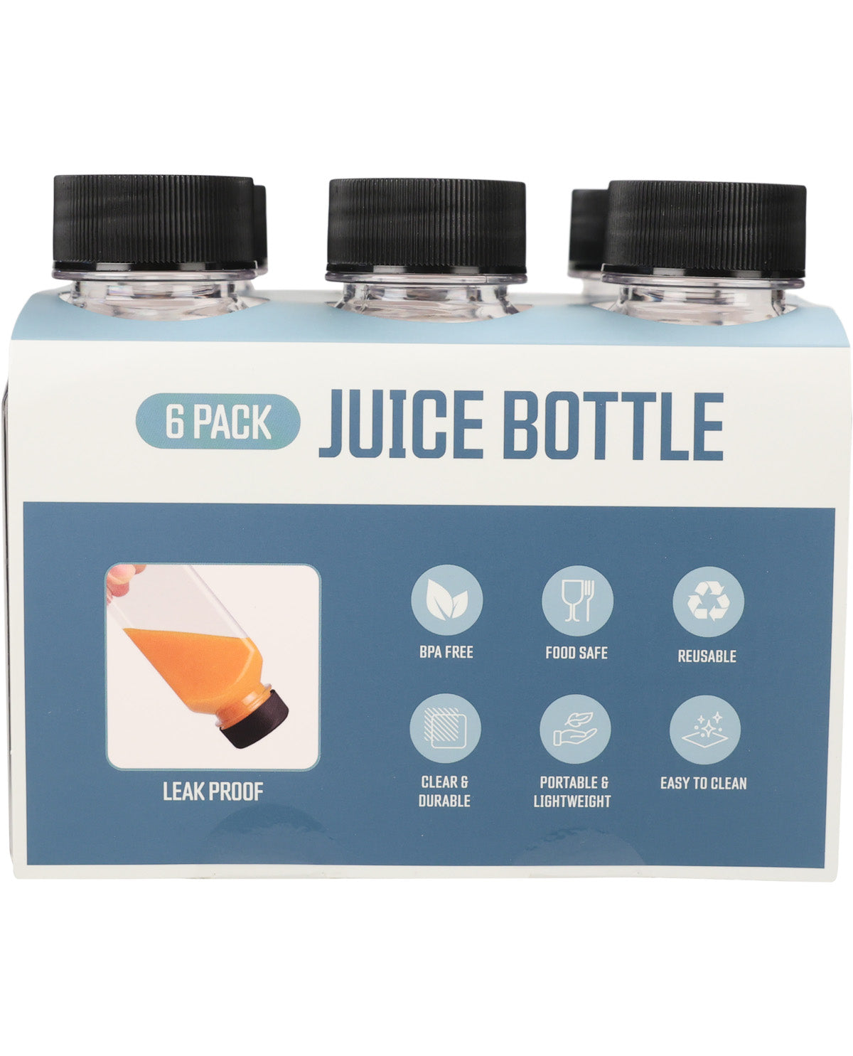 A 6-pack of reusable juice bottles in a white and blue cardboard box with black caps, featuring product benefits and a leak-proof demonstration photo.