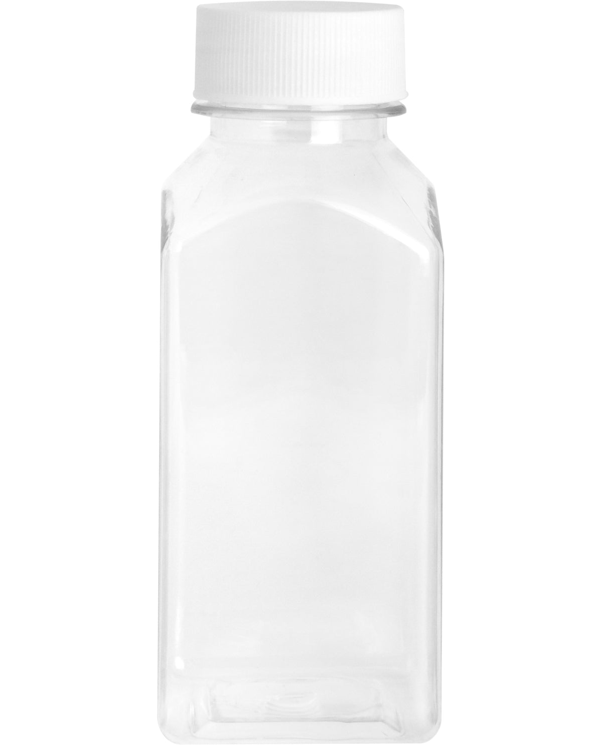 A clear plastic bottle with a white ribbed screw cap, shown against a plain white background.