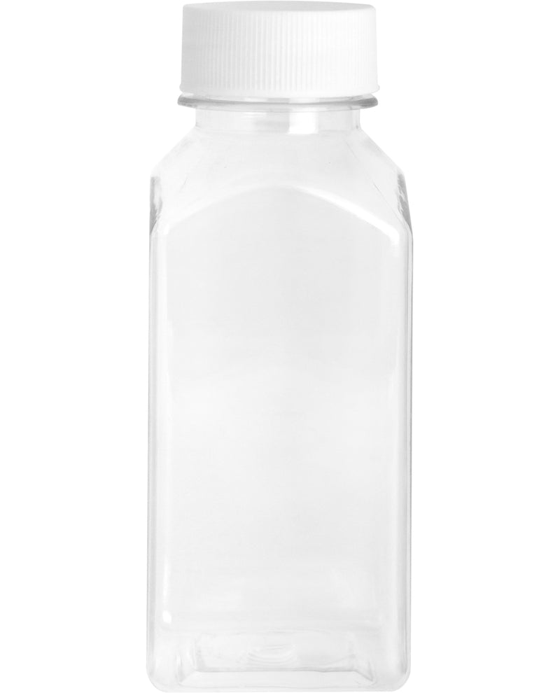 A clear plastic bottle with a white ribbed screw cap, shown against a plain white background.