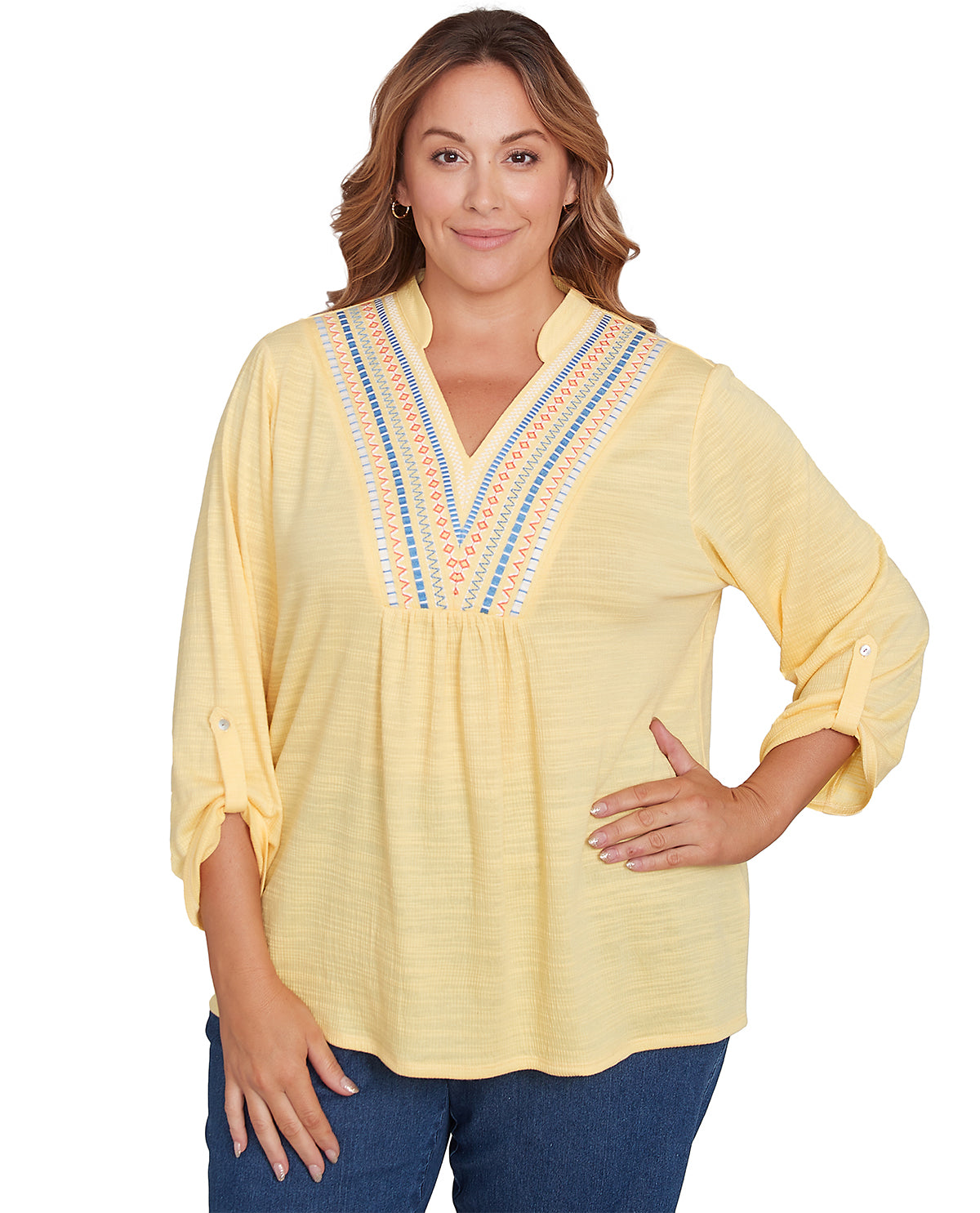 Ruby Road Bella Vista Embroidered Knit Top Lemon