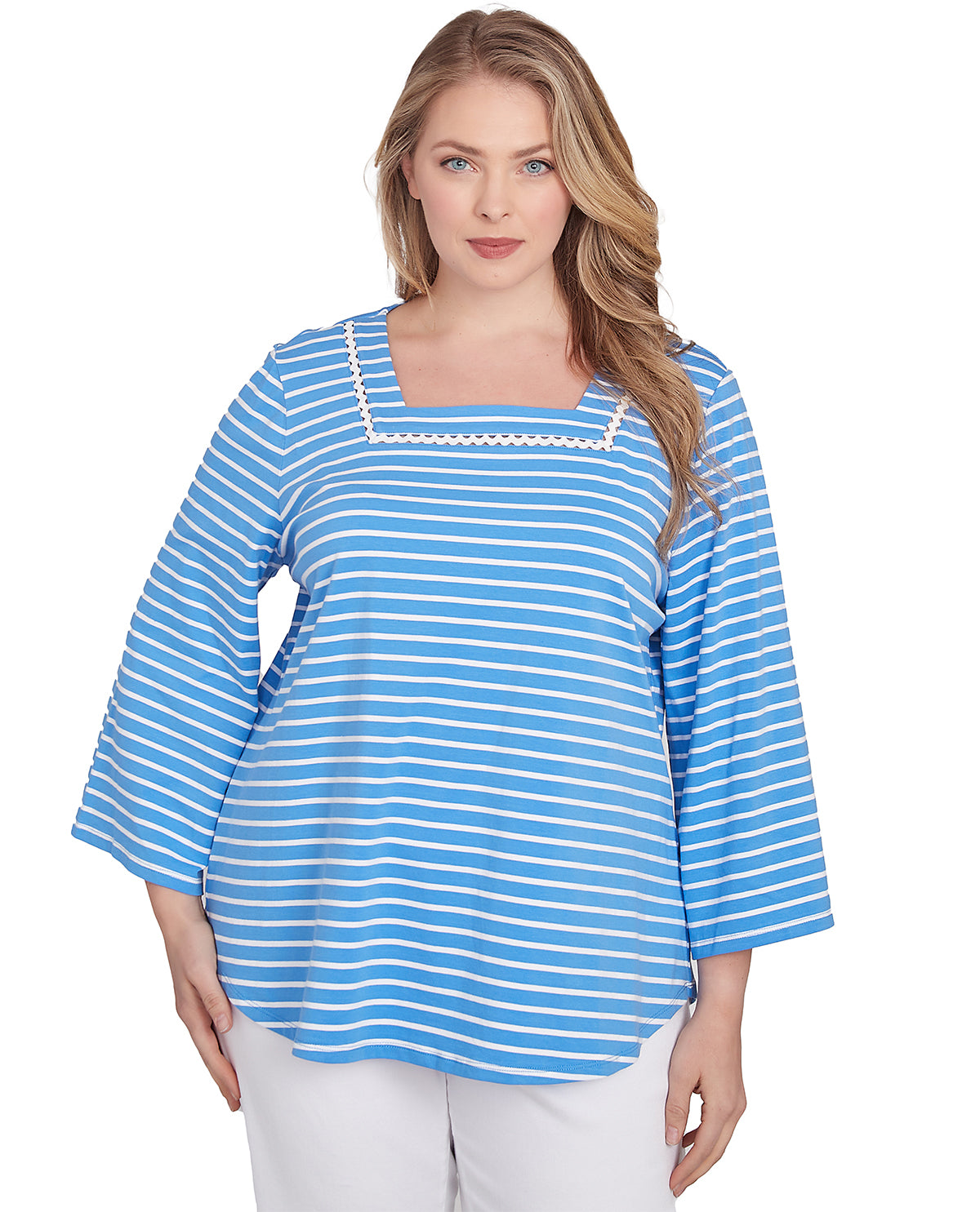 Ruby Road Bella Vista Trim Stripe Knit Top Bluebird