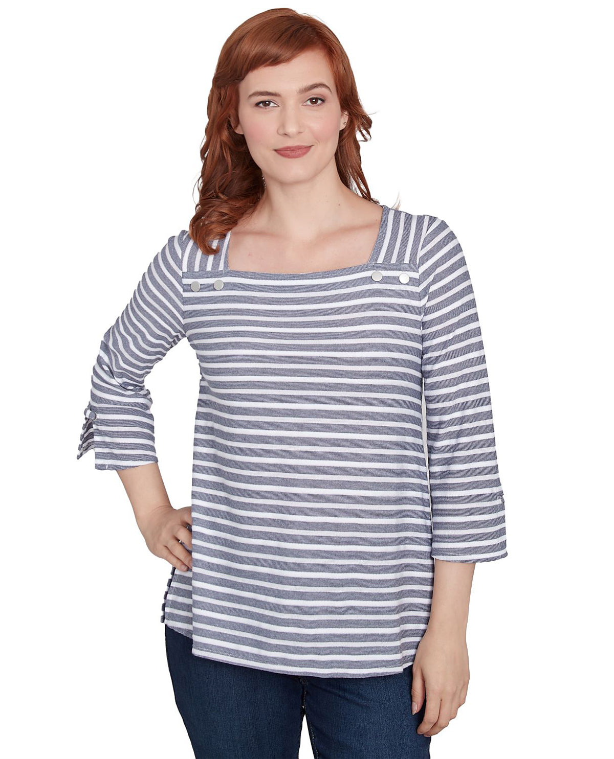 Ruby Road Petite Resort Ready 3/4 Square Neck Stripe Top