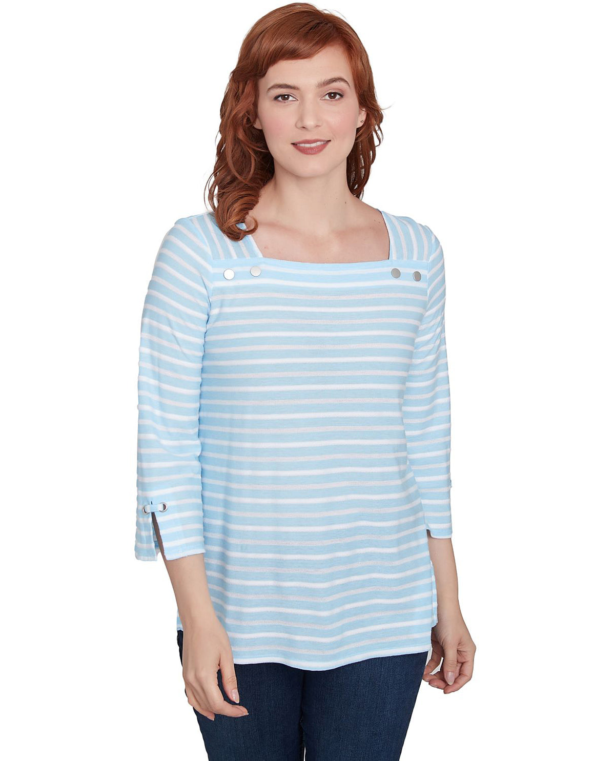 Ruby Road Petite Resort Ready 3/4 Square Neck Stripe Top