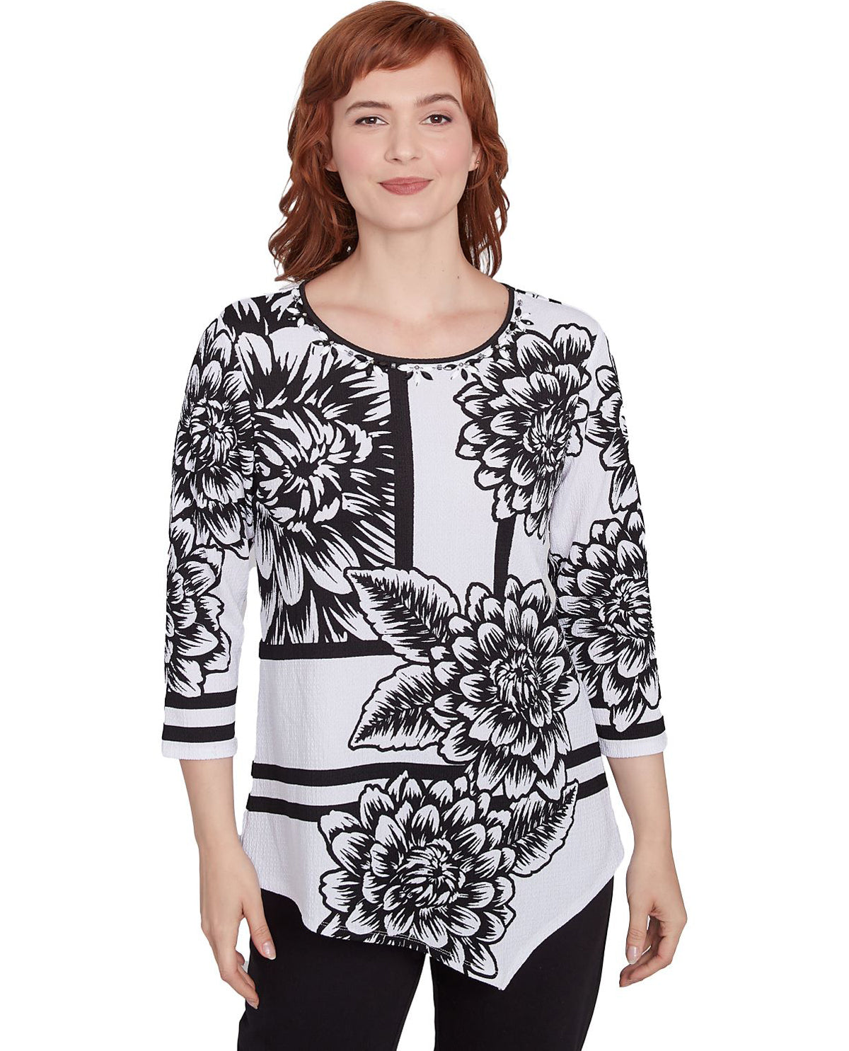 Ruby Road Monochrome Moment 3/4 Floral Stripe Top