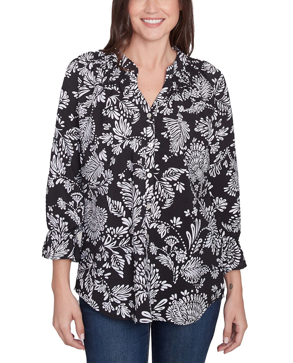 Ruby Road Monochrome Moment 3/4 Floral Woven Top