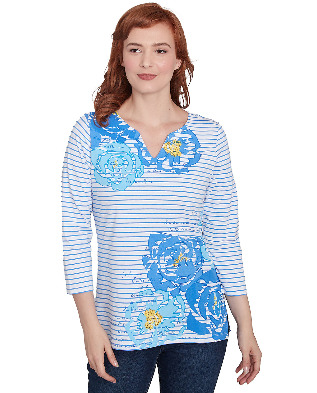 Ruby Road Petite Must Haves Script Knit Top Bluebird