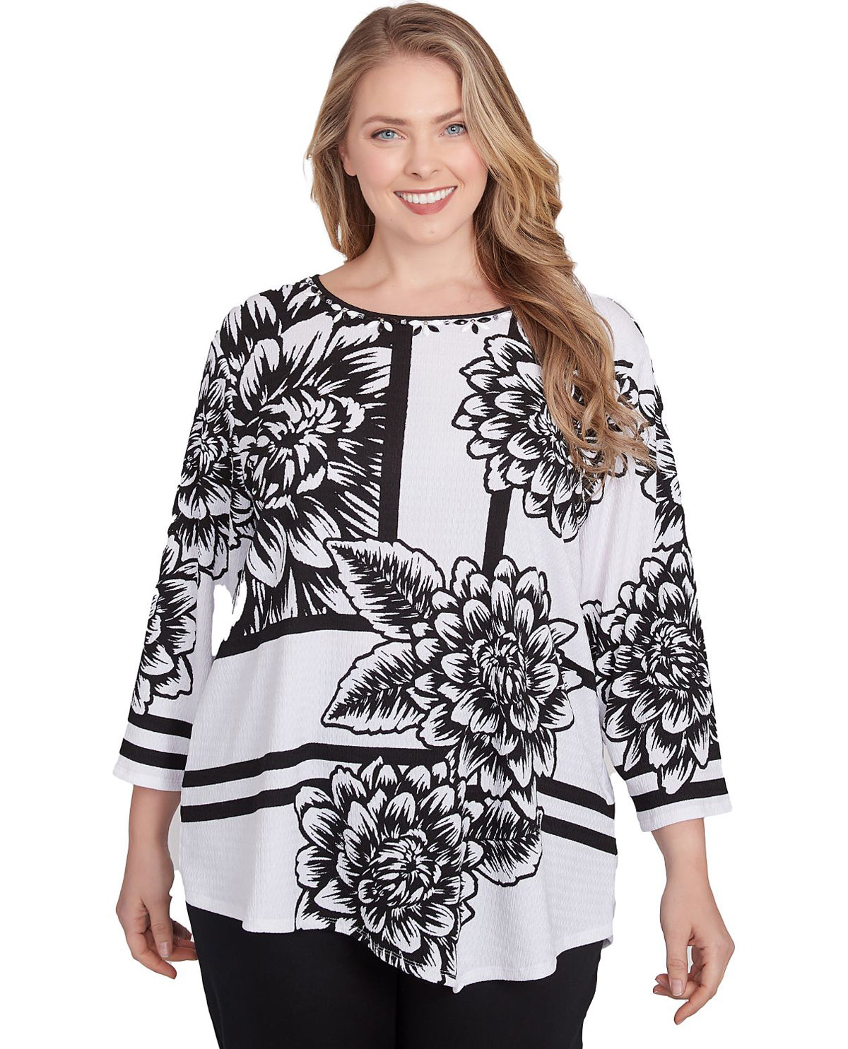 Ruby Road Monochrome Moment Scoop Neck Floral Knit Top