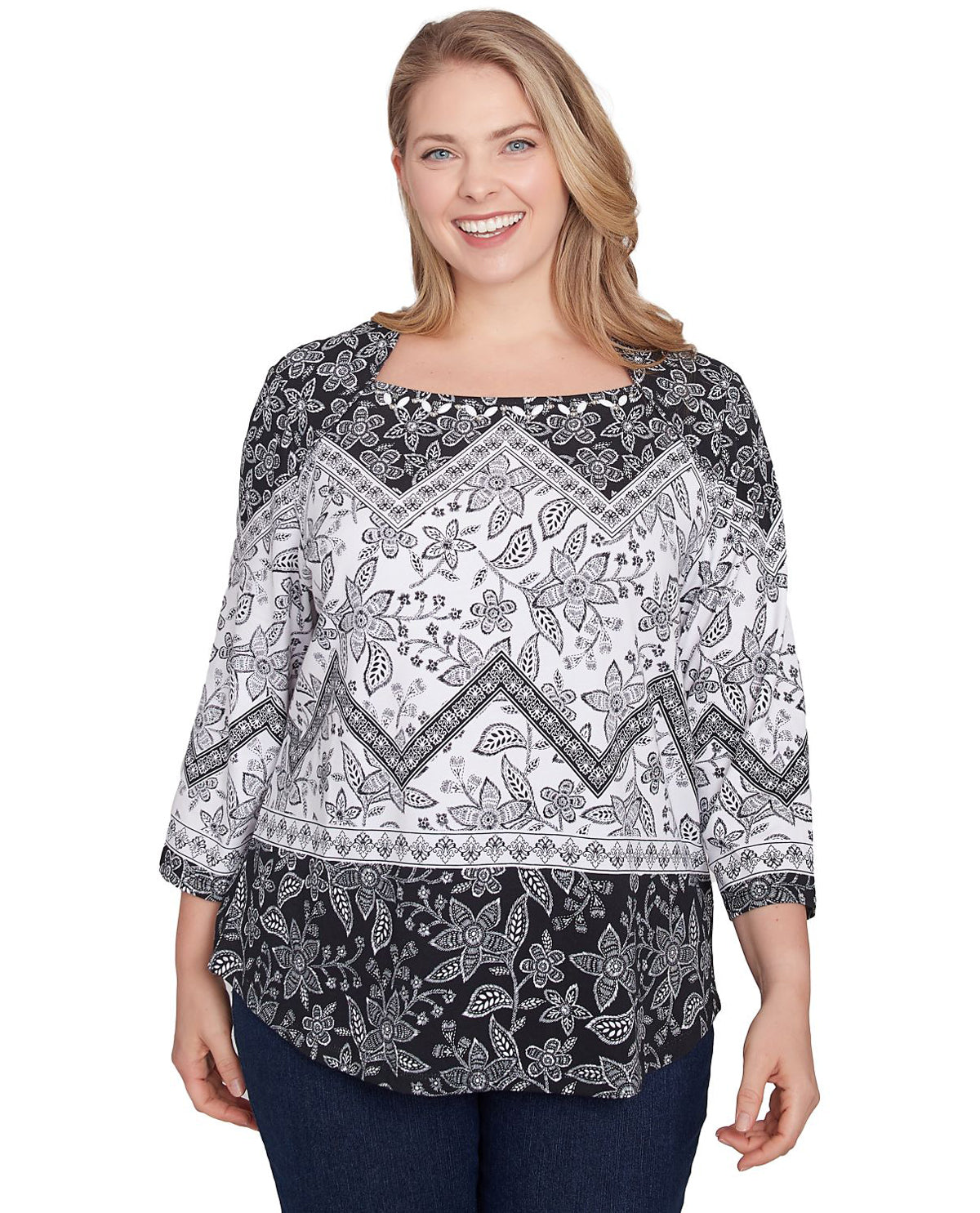 Ruby Road Monochrome Moment Embroidered Zig Zag Top