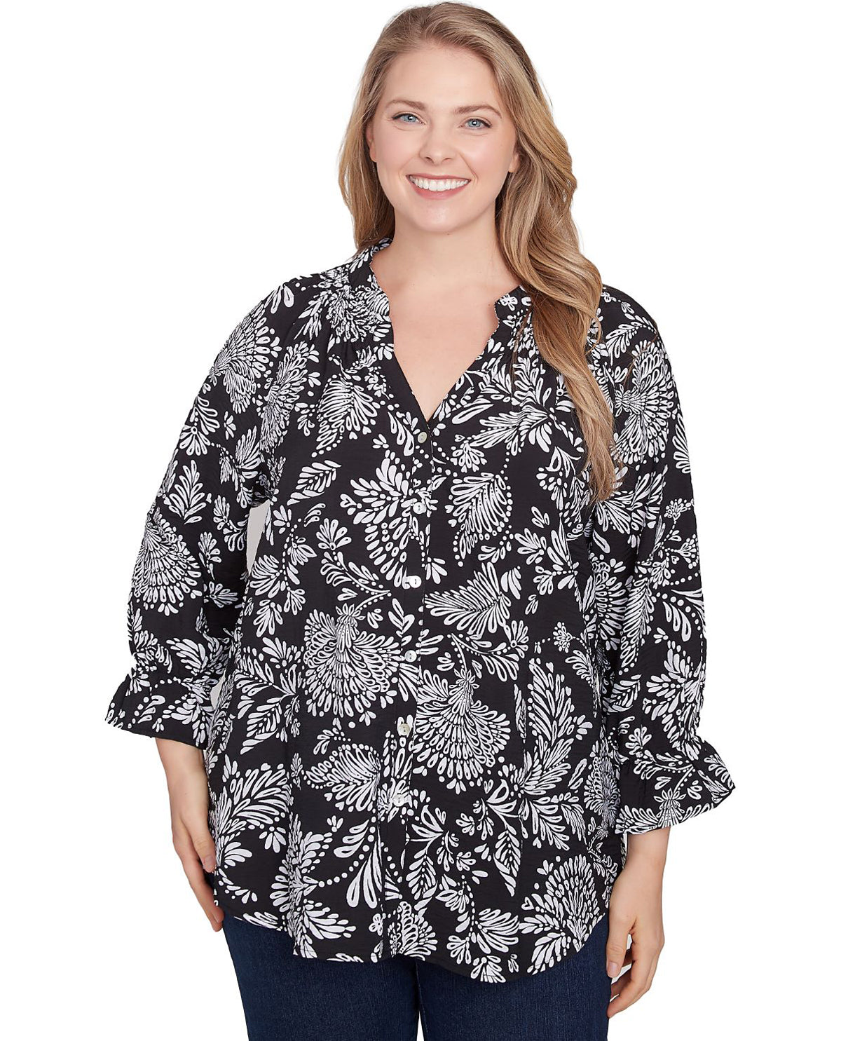 Ruby Road Monochrome Moment Floral Woven Top