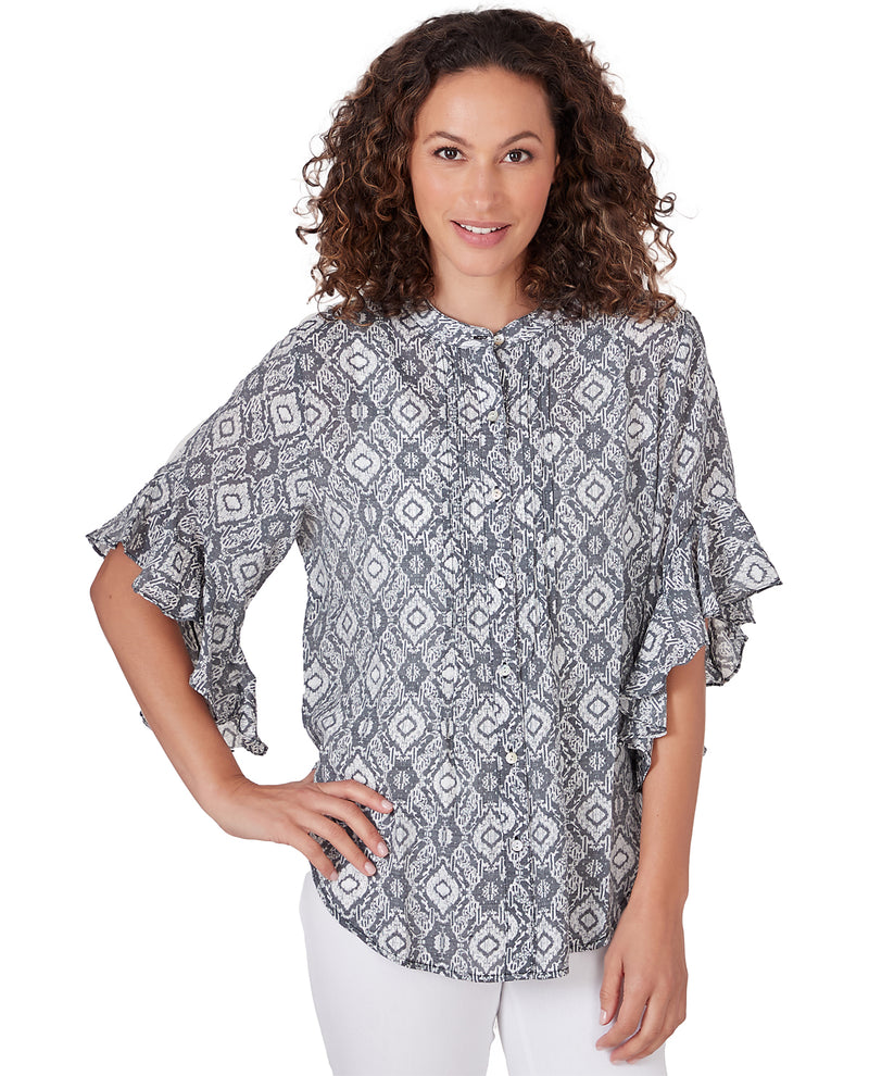Ruby Road Missy Ikat Geometric Woven Top