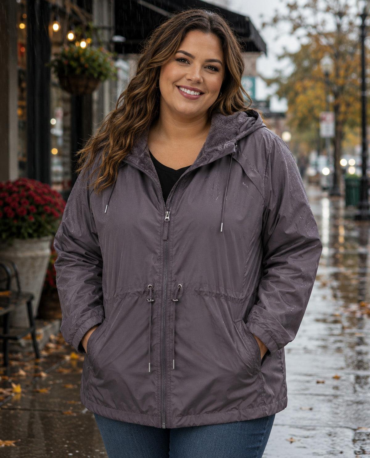A woman wearing a gray hooded rain jacket stands on a wet city street in the rain, smiling at the camera.