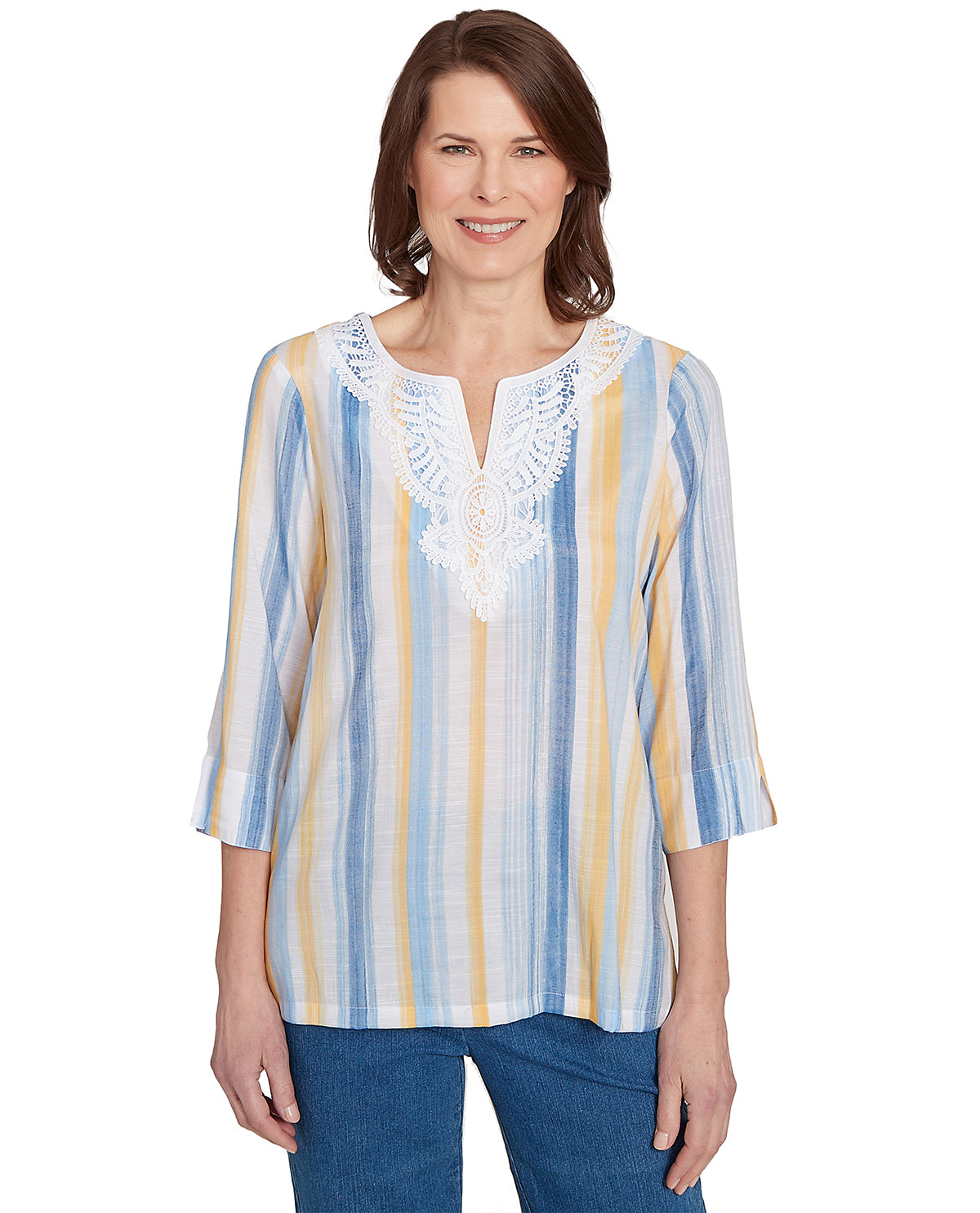 Alfred Dunner Missy Flower Power Striped Lace Neck Top