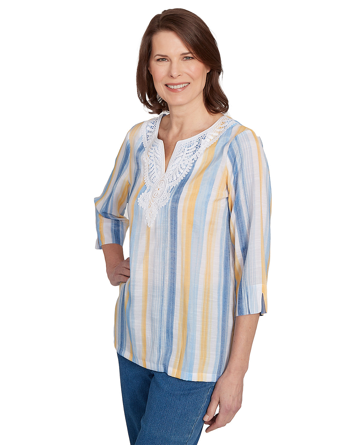 Alfred Dunner Missy Flower Power Striped Lace Neck Top