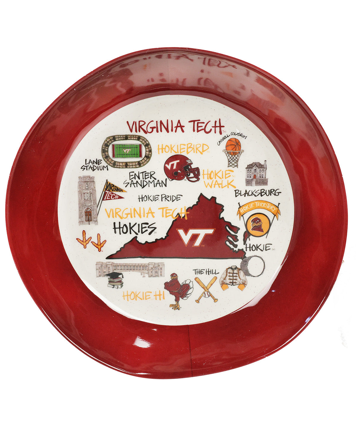 A round red ceramic plate featuring a white center printed with various Virginia Tech Hokies-themed illustrations and text, including the VT logo, hokie bird, and campus landmarks.