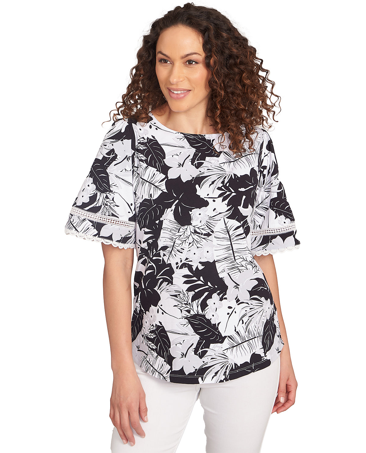 Ruby Road Puttin On the Prints Tropical Knit Top Black