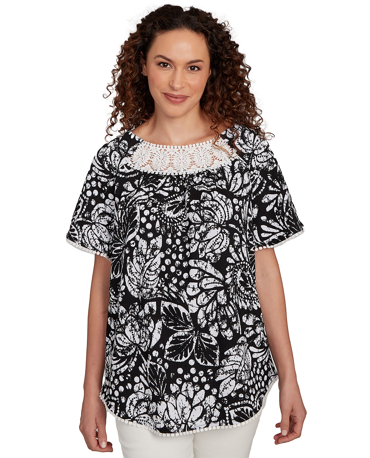 Ruby Road Bali Bliss Elbow Sleeve Paisley Top Black/White