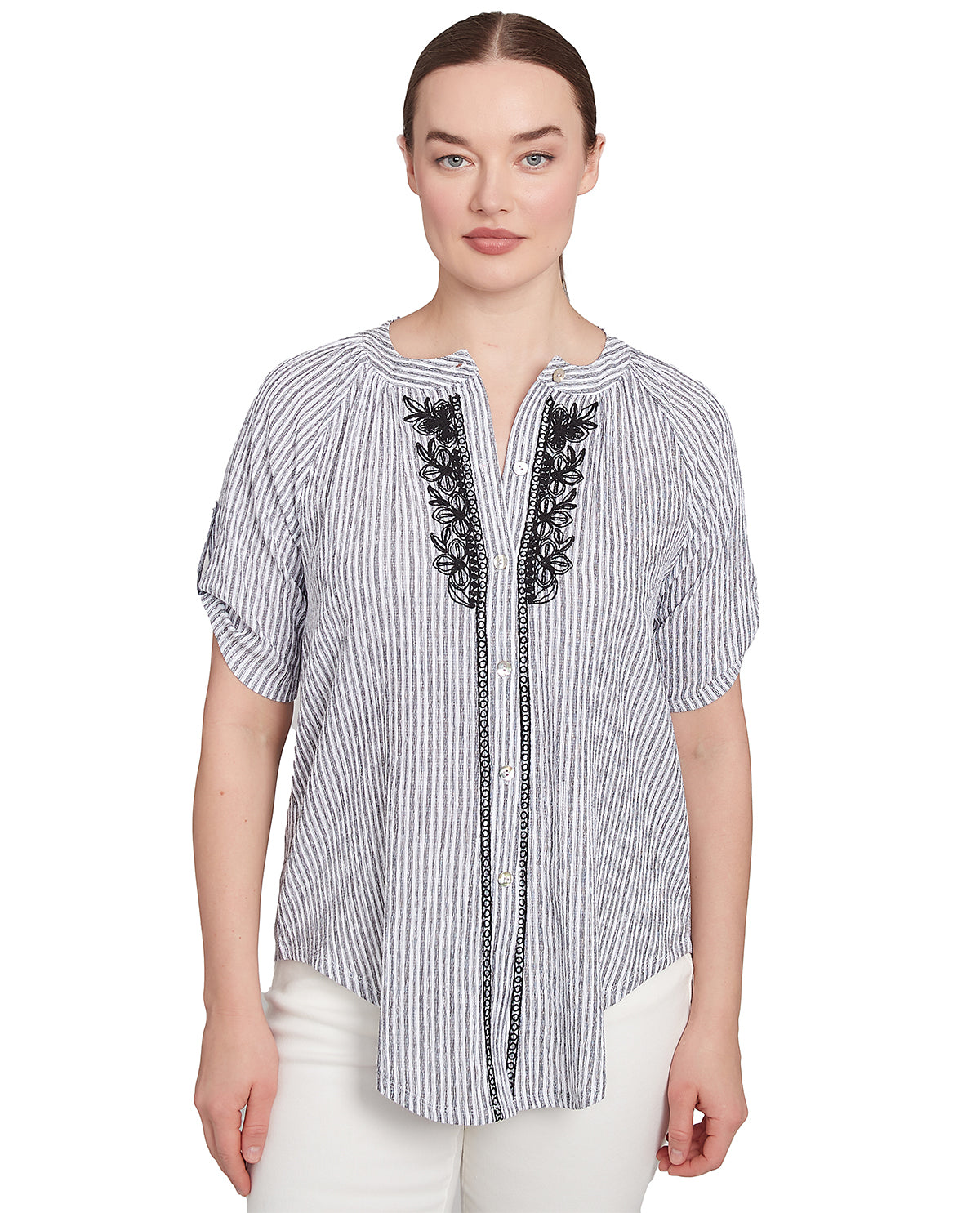 Ruby Road Bali Bliss Elbow Sleeve Stripe Knit Top Black/White