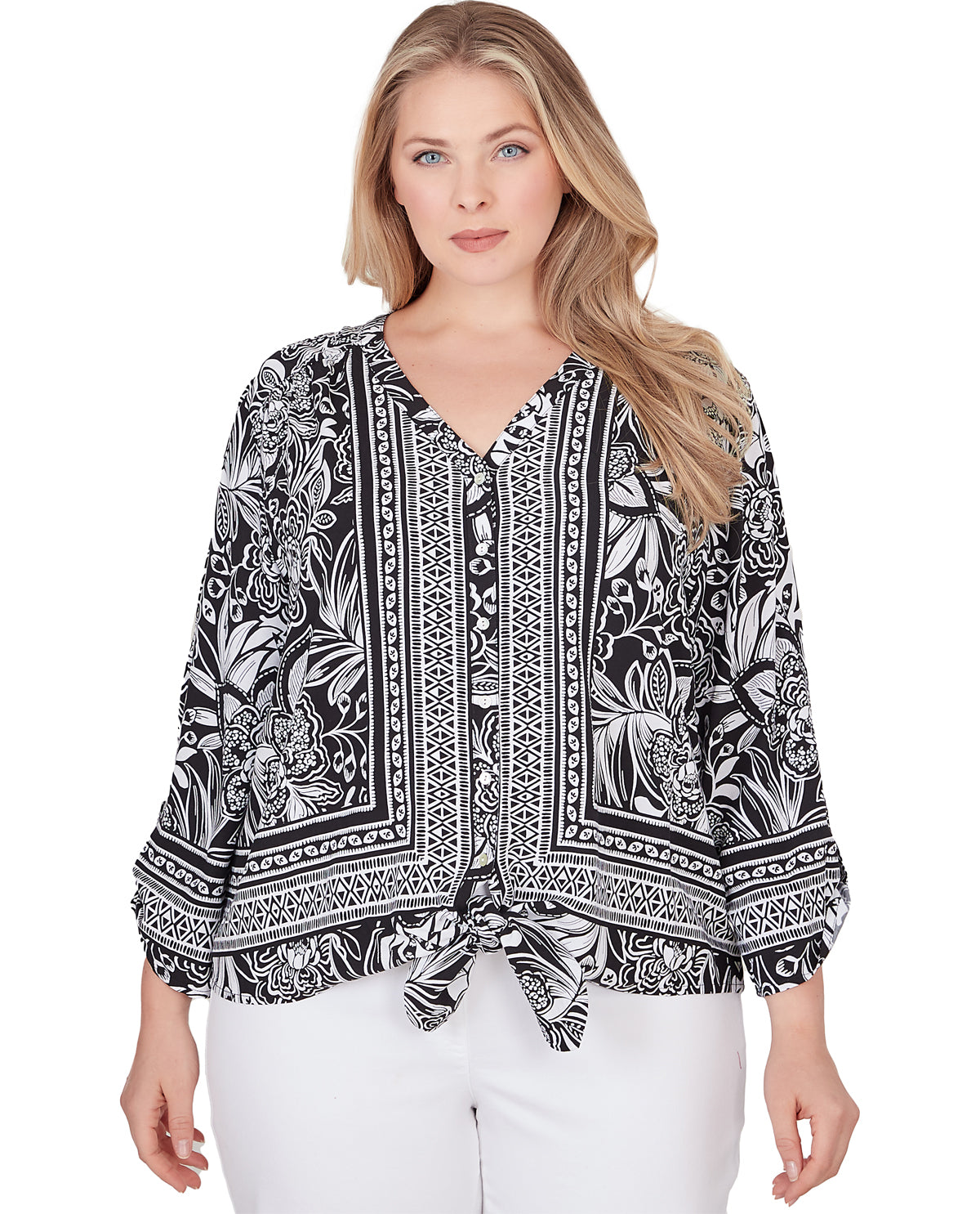 Ruby Road Plus Pattern Play Printed Silky Fuji Tie Top