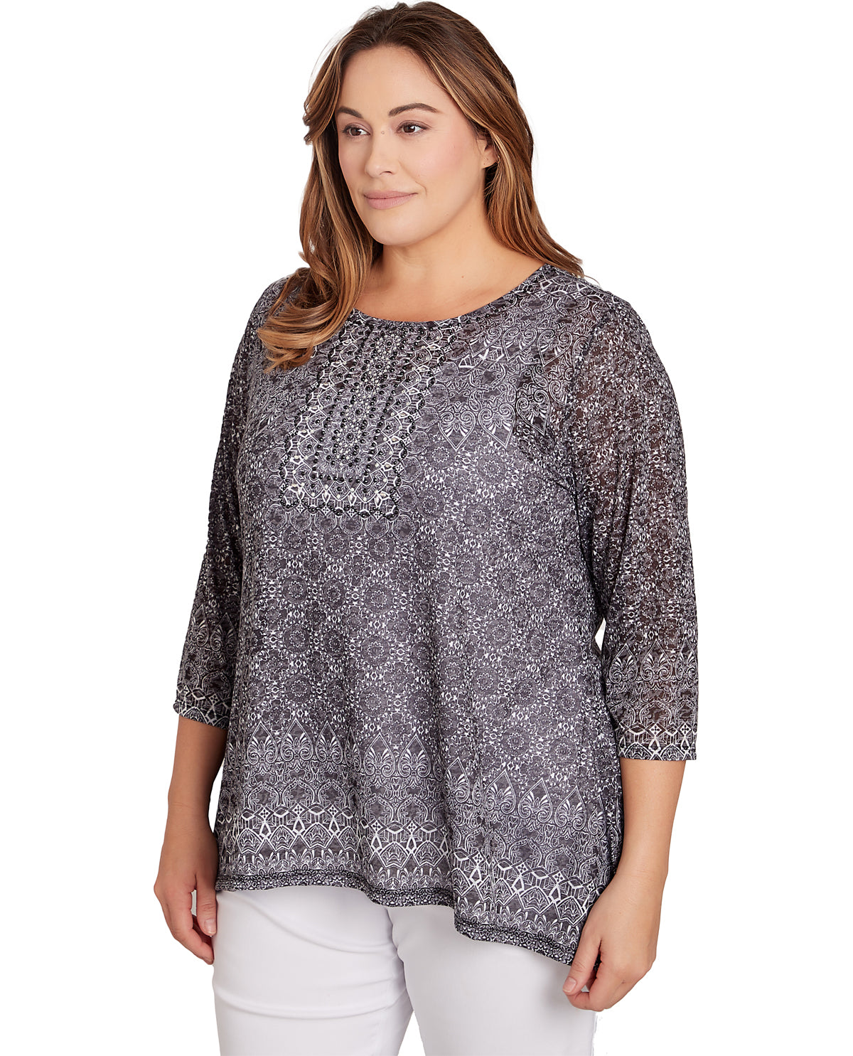 Ruby Road Women's Pattern Play Burnout Printed Jersey Long Sleeve Top