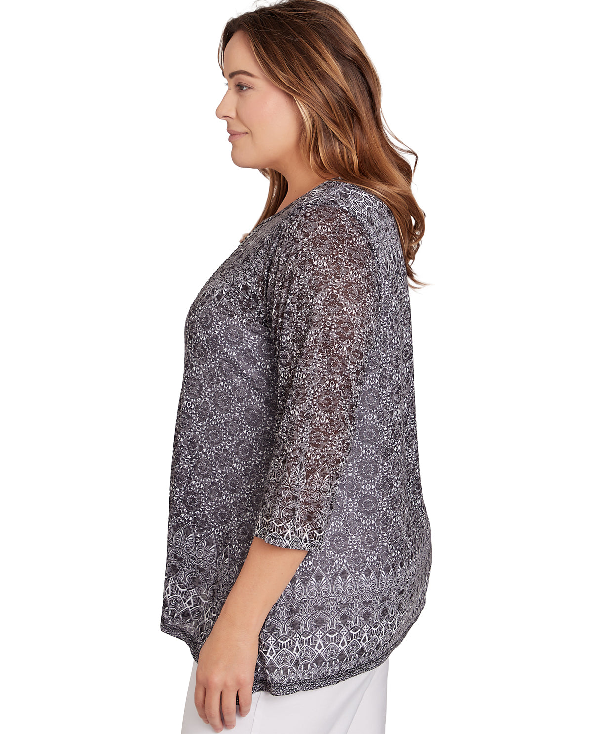 Ruby Road Women's Pattern Play Burnout Printed Jersey Long Sleeve Top