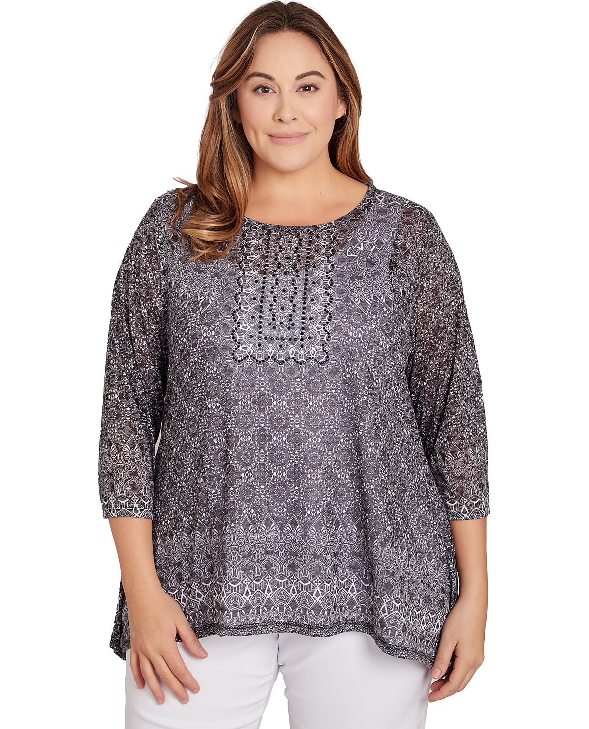 Ruby Road Women's Pattern Play Burnout Printed Jersey Long Sleeve Top