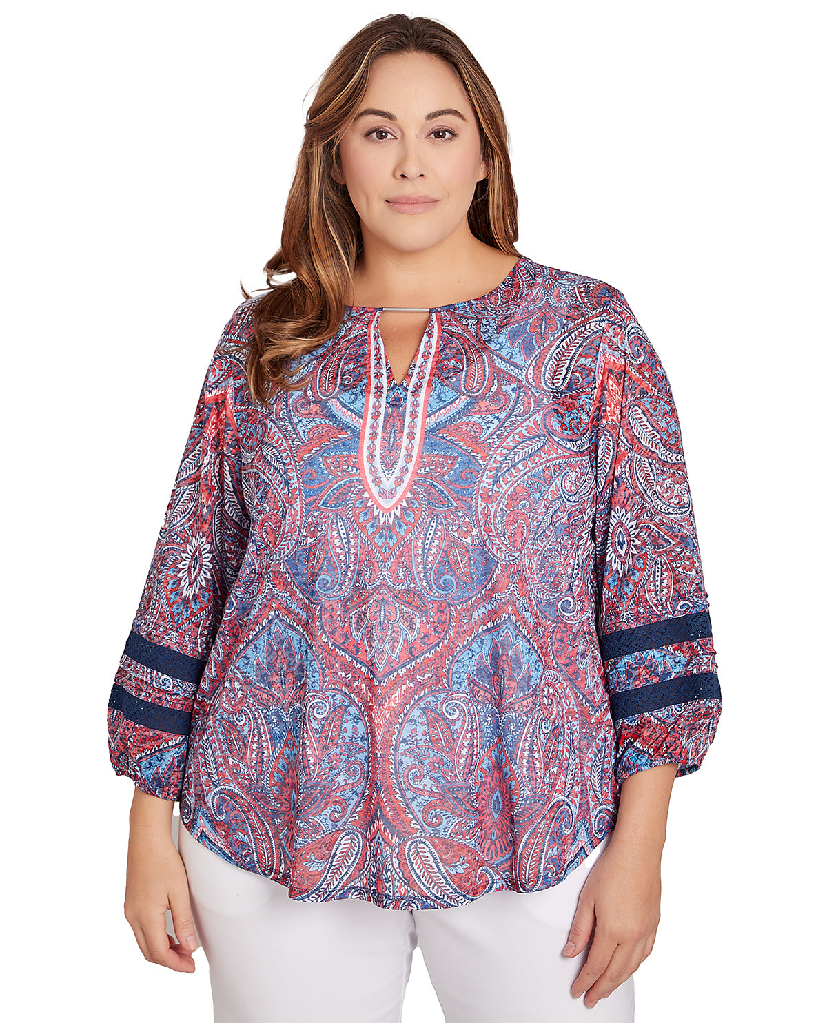 Ruby Road Plus Burnout Printed 3/4 Sleeve Jersey Top