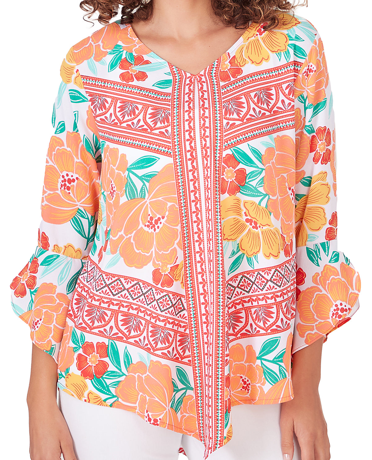 Ruby Road Petite Tropical Splash Print Crepe V-Neck Top