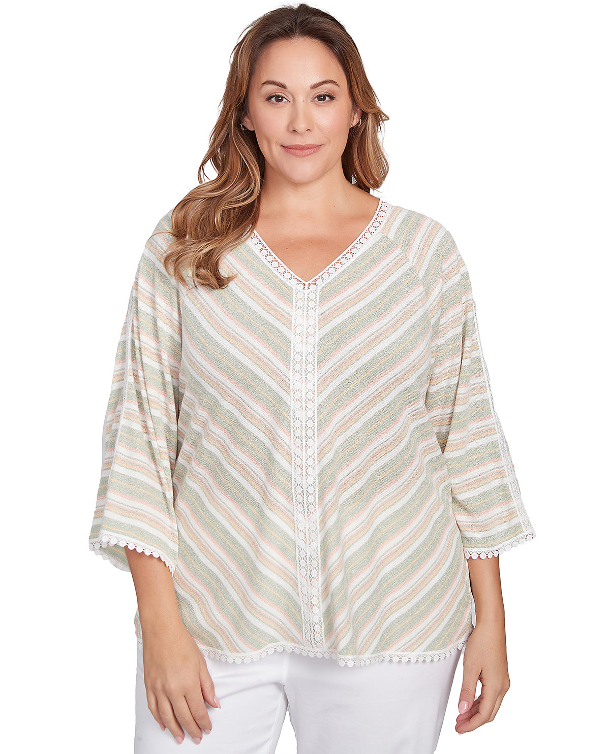 Ruby Road Women's Tropical Oasis Lace Stripe Knit Top Olive