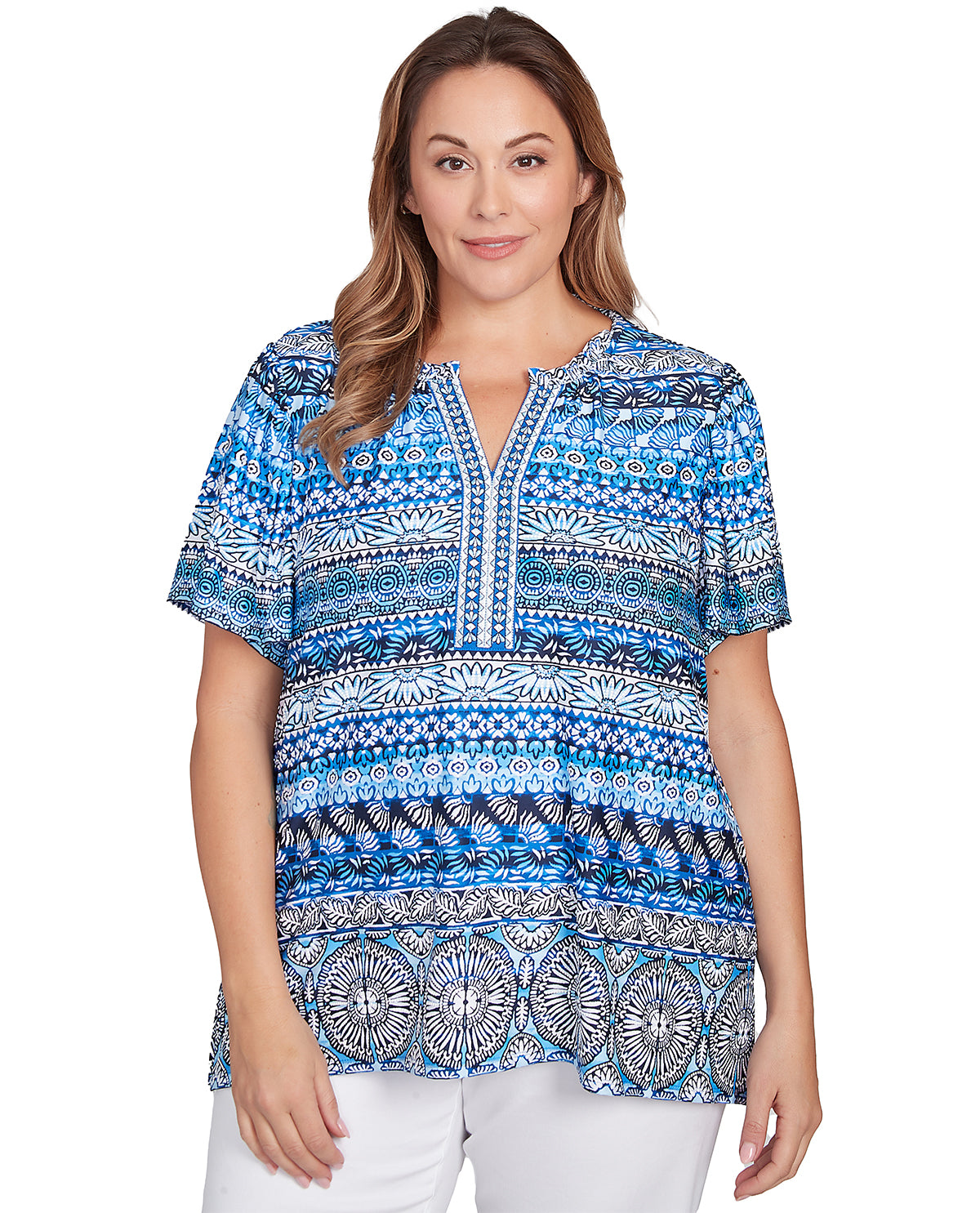 Ruby Road Tinted Tides Stripe Puff Knit Top French Blue