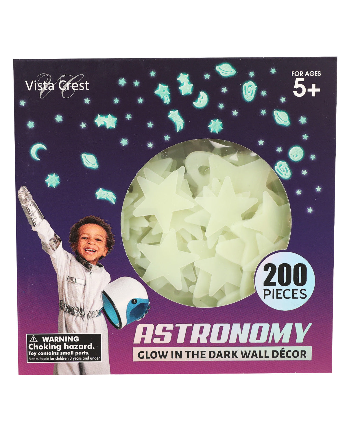 Vista Crest Astronomy Glow in the Dark Wall Decor set in a purple box with a circular window showing pale green glow stars and shapes, plus a child astronaut illustration and '200 PIECES' badge.