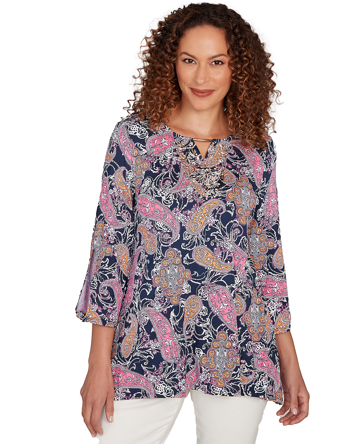 Ruby Road Petite Color Crush Paisley Knit Top Navy