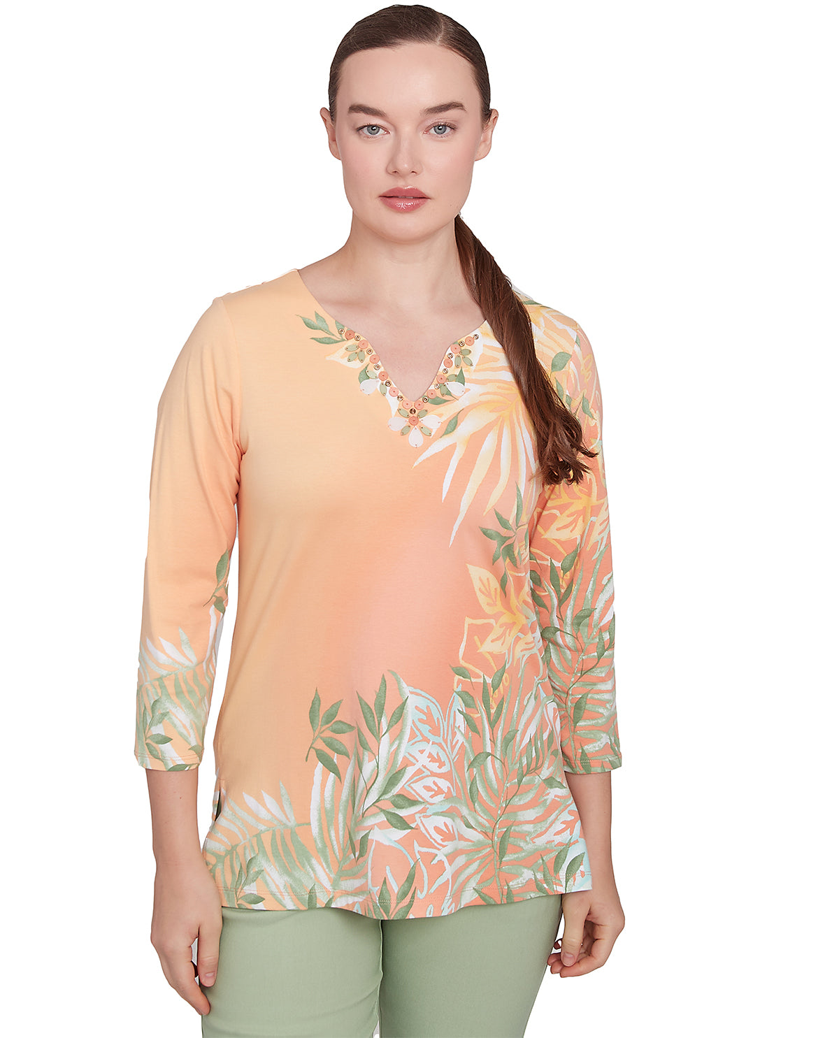 Ruby Road Petite Tropical Oasis Patchwork Woven Top Peach