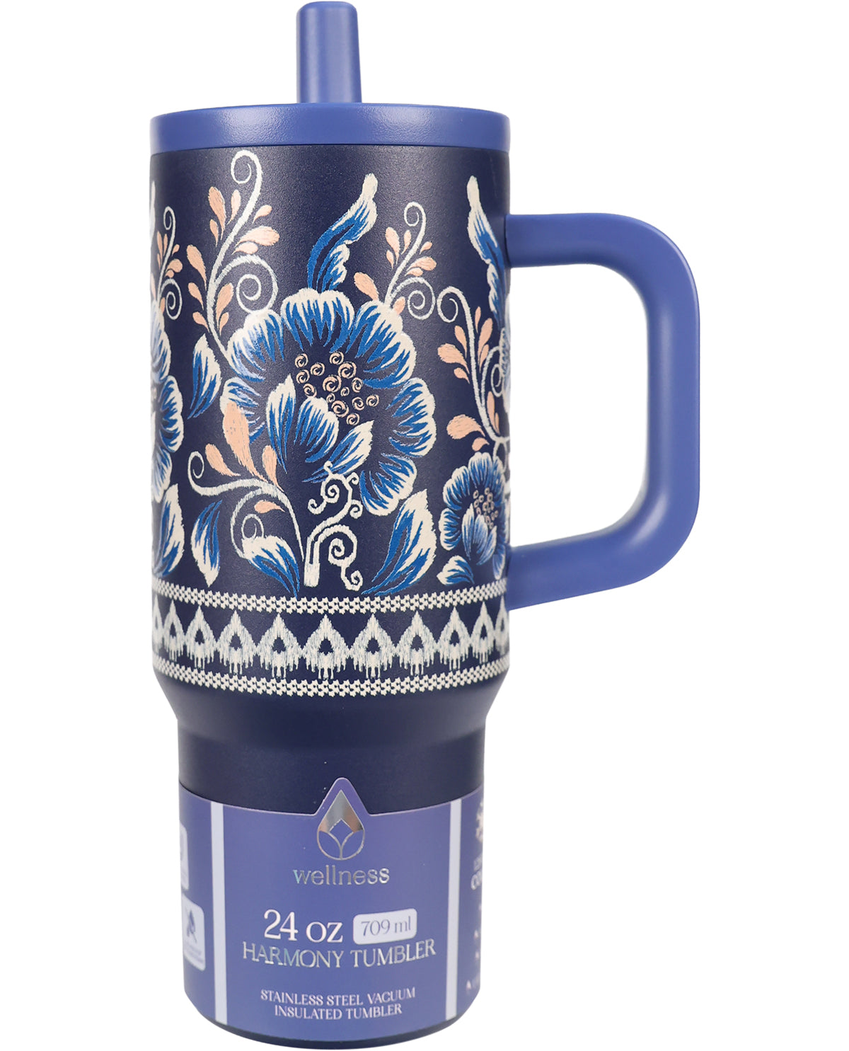A 24 oz Wellness Harmony Tumbler with a navy blue body, blue floral pattern, and a matching blue handle and lid, shown on a white background.