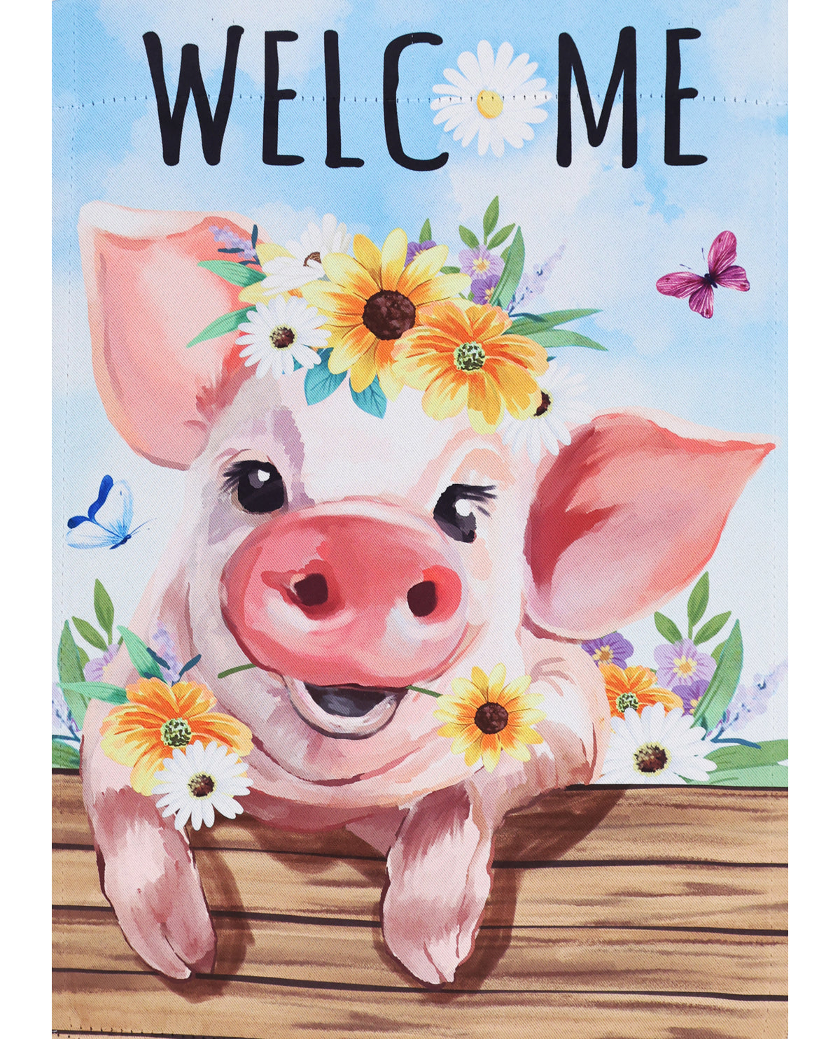 Welcome Daisy Pig Suede Garden Flag