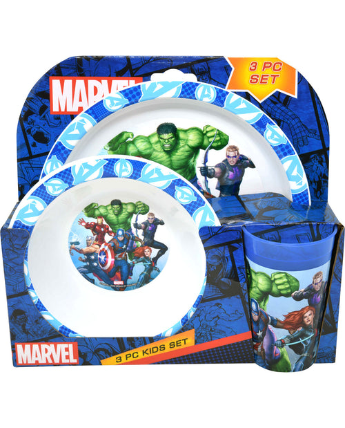 Marvel-themed children's dinner set with plates, bowls, and a cup in packaging