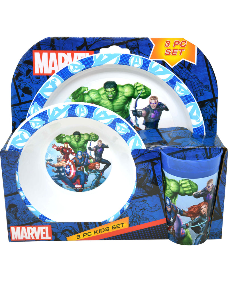 Marvel-themed children's dinner set with plates, bowls, and a cup in packaging