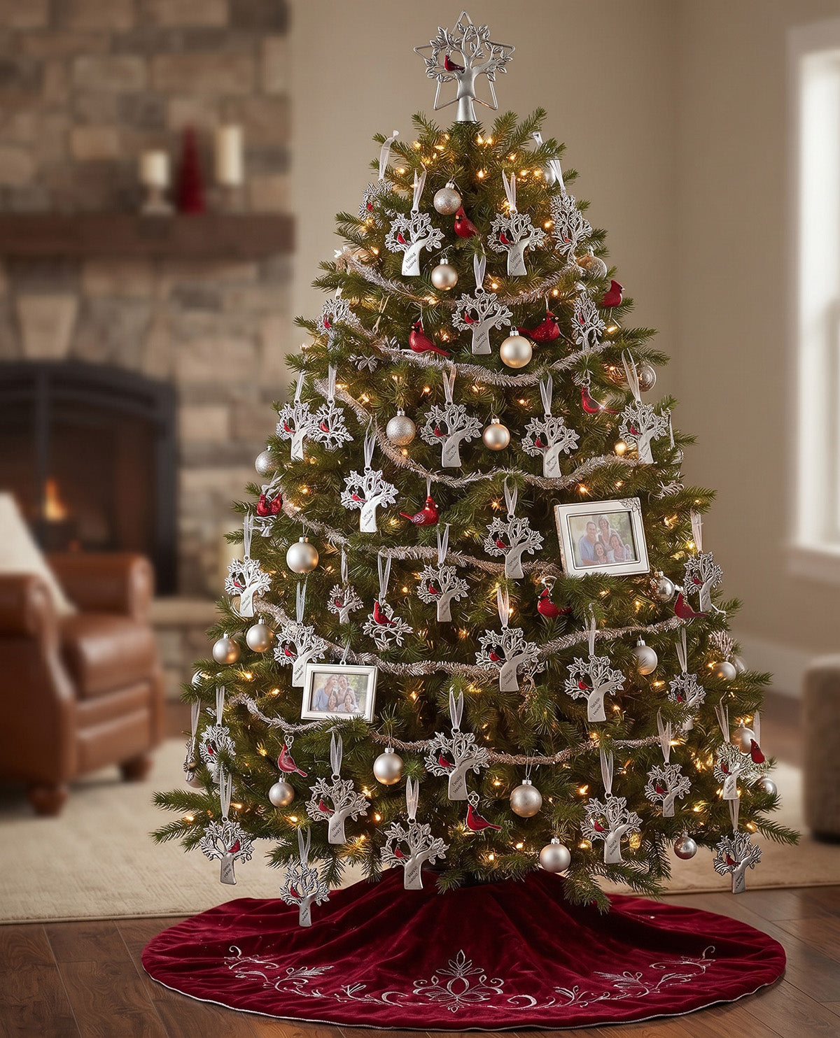 Silver Tree & Cardinal Christmas Ornament